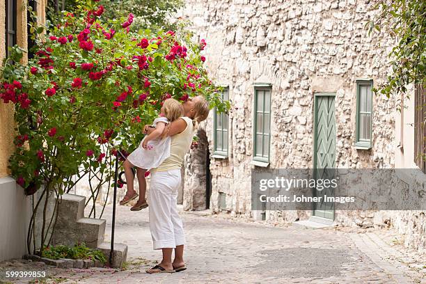 mother with daughter smelling flowers - gotland sweden stock pictures, royalty-free photos & images