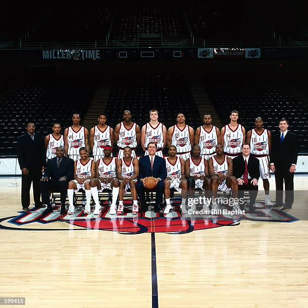 The Houston Rockets coaches and players pose for portrait top row : Keith Jones, Tierre Brown, Terence Morris, Eddie Griffin,Kevin Willis, Jason...