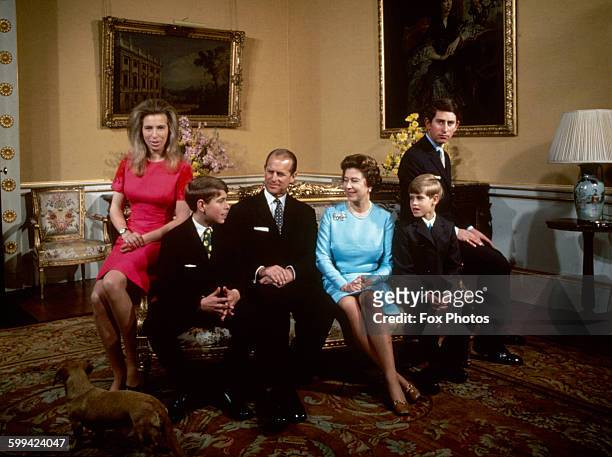 The royal family at Buckingham Palace, London, 1972. Left to right: Princess Anne, Prince Andrew, Prince Philip, Queen Elizabeth, Prince Edward and...