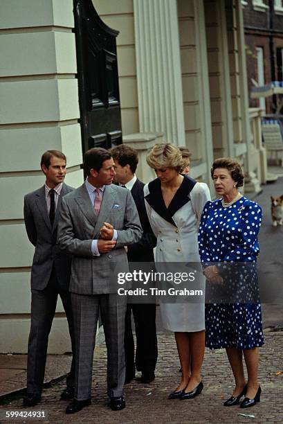 Members of the royal family outside Clarence House during the celebrations of the Queen Mother's 87th birthday, London, 4th August 1987. Left to...