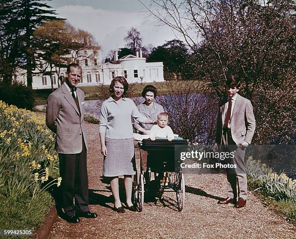 Queen Elizabeth II and Prince Philip, Duke of Edinburgh and their children at Windsor on the Queen's 39th birthday, April 1965. Left to right: Prince...