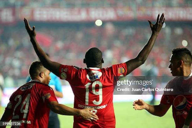 Cristian Martinez Borja of America de Cali celebrates after scoring the first goal of his team during a match between America de Cali and Pereira as...