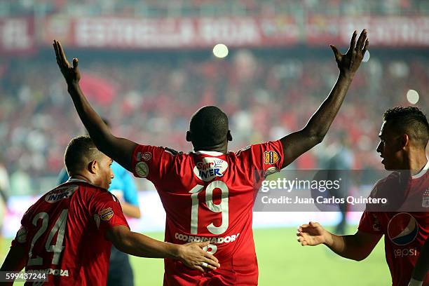 Cristian Martinez Borja of America de Cali celebrates after scoring the first goal of his team during a match between America de Cali and Pereira as...