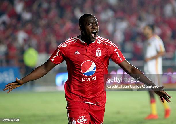 Cristian Martinez Borja of America de Cali celebrates after scoring the first goal of his team during a match between America de Cali and Pereira as...