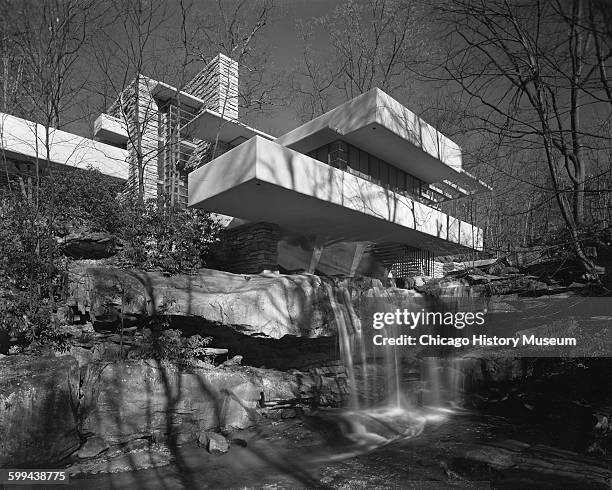 Exterior view of the Edgar Kaufmann residence, also known as Fallingwater, designed by Frank Lloyd Wright, Mill Run, Pennsylvania, December 1937....
