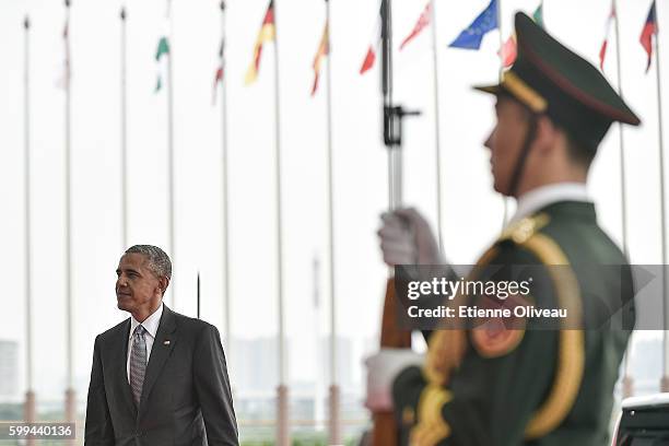 President Barack Obama of the US arrives at the Hangzhou Exhibition Center to participate in G20 Summit, on September 4, 2016 in Hangzhou, China....