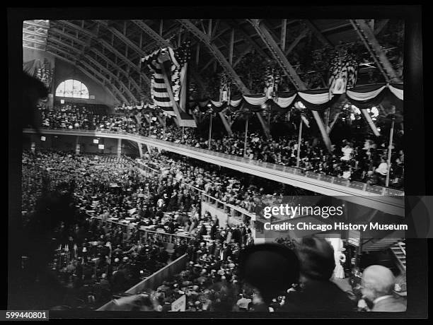 Interior view of the Chicago Coliseum during the Republican National Convention, Chicago, Illinois, June 1904.