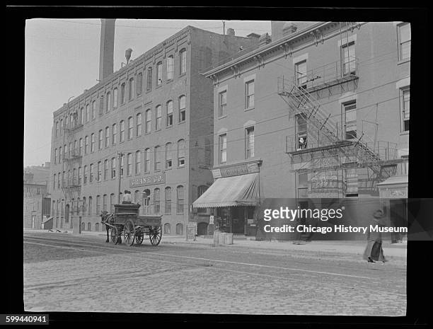 View of Desplaines Street near Lake Street, the site of the Haymarket affair in 1886, Chicago, Illinois, circa 1905.