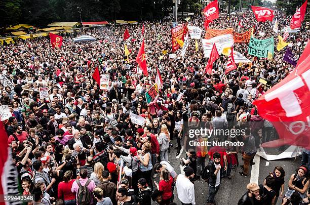 Massive demonstration against the presidency of Michel Temer is realized in Sao Paulo, Brazil on 4 September 2016. According to organizers, more than...