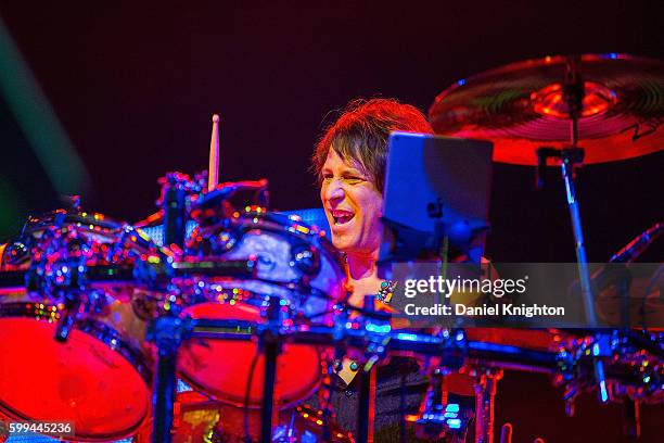 Drummer Jay Schellen of Yes performs on stage at Humphrey's on September 4, 2016 in San Diego, California.