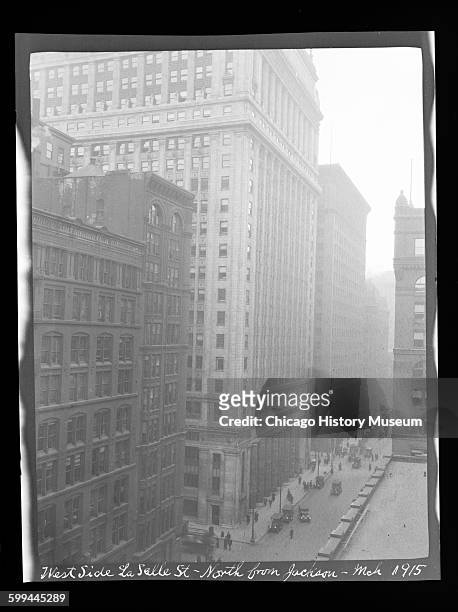 View of the west side of LaSalle Street, north from Jackson Boulevard, Chicago, Illinois, March 1915.