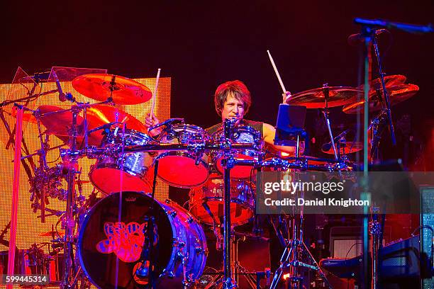 Drummer Jay Schellen of Yes performs on stage at Humphrey's on September 4, 2016 in San Diego, California.