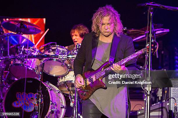 Musicians Billy Sherwood and Jay Schellen of Yes perform on stage at Humphrey's on September 4, 2016 in San Diego, California.