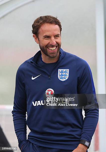 Gareth Southgate the manager of England U21's looks on during a training session at St Georges Park on September 5, 2016 in Burton-upon-Trent,...