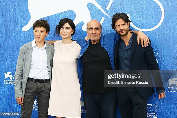 Zaccaria Zanghellini, Claudia Potenza, Amir Naderi and Andrea Sartoretti attend a photocall for 'Mountain' during the 73rd Venice Film Festival at on...