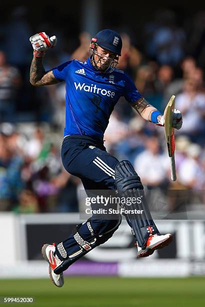 England batsman Alex Hales celebrates his century during the 3rd One Day International between England and Pakistan at Trent Bridge on August 30,...