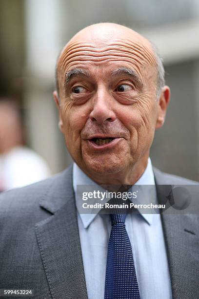 Alain Juppe, Mayor of Bordeaux and Les Republicains presidential candidate hopeful speaks to the media after a press conference at Bordeaux metropole...