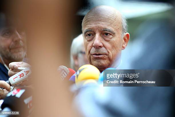 Alain Juppe, Mayor of Bordeaux and Les Republicains presidential candidate hopeful speaks to the media after a press conference at Bordeaux metropole...