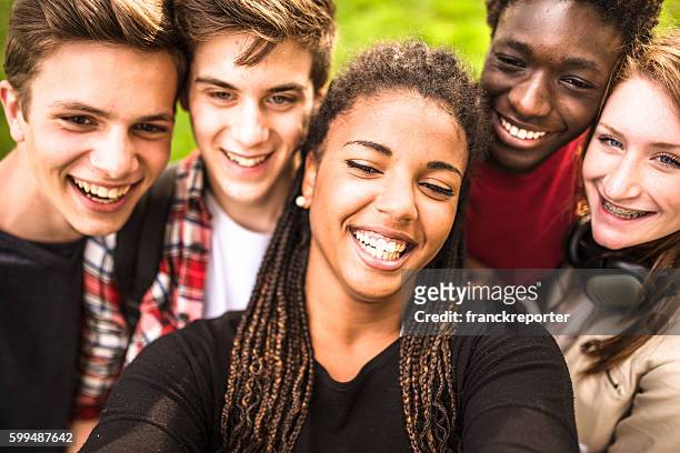 group of college student laughing and doing a selfie - back to school party stock pictures, royalty-free photos & images