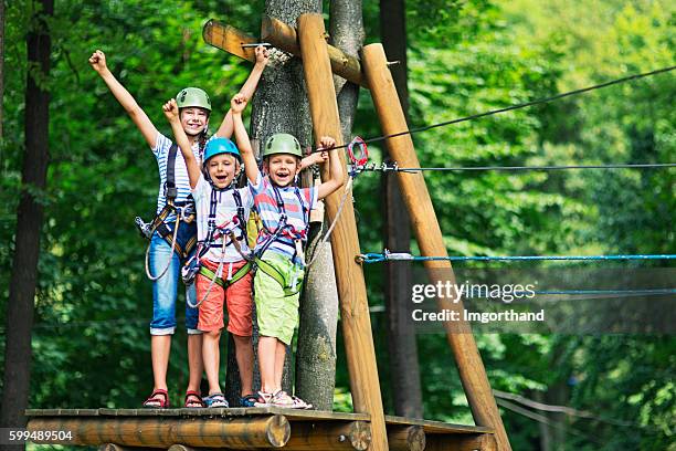 kids having fun in ropes course adventure park - equipamento de lazer imagens e fotografias de stock