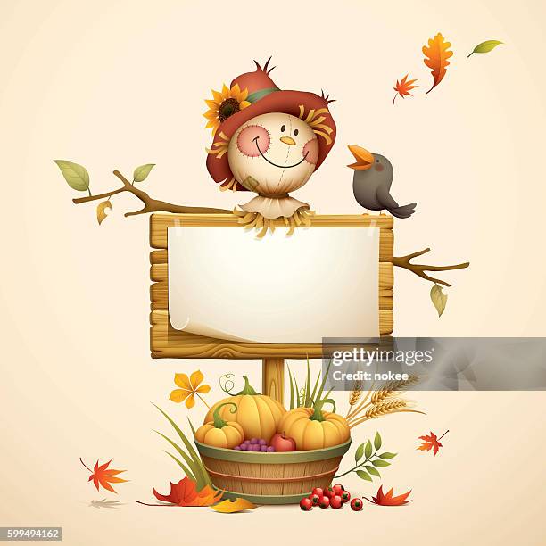 vogelscheuche mit holzschild und erntekorb - scarecrow stock-grafiken, -clipart, -cartoons und -symbole