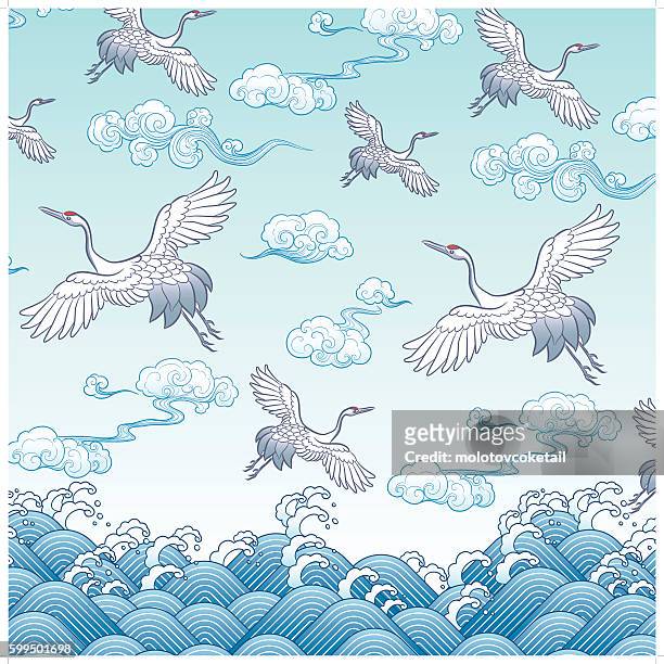 ancient oriental crane painting - desaturated stock illustrations