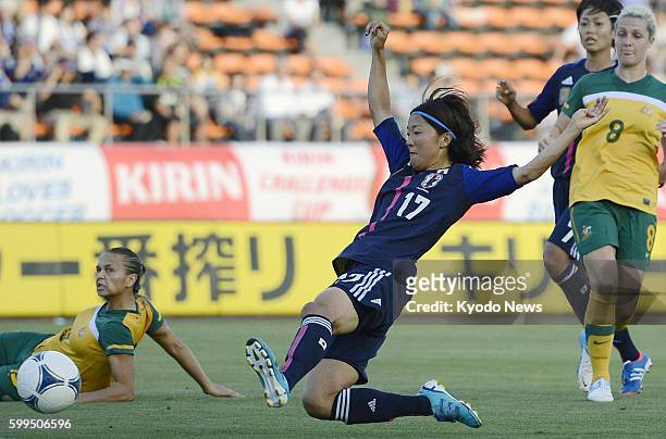 Japan - Yuki Ogimi of Japan's national women's soccer team scores its second goal with a close-range finish on the stroke of halftime, in an Olympic...