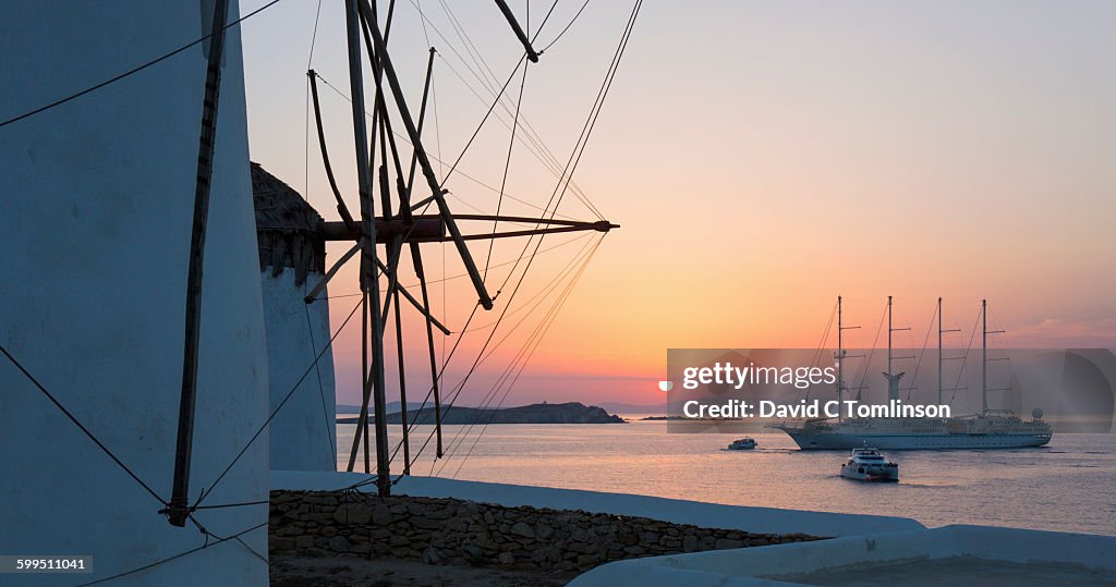 Sunset behind windmills, Mykonos Town, Mykonos