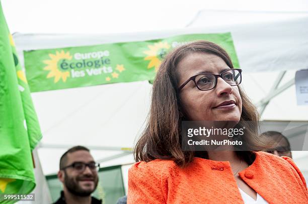 Cécile Duflot, MP and candidate for the primary environmentalists for presidential elections in fornt of the EELV in Tourcoing stand, northern...