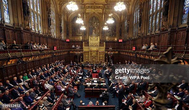 The new Lord Speaker, Lord Norman Fowler, speaks in the House of Lords chamber during his first sitting in Parliament on September 5, 2016 in,...