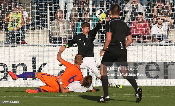 Dani de Wit of the Netherlands scores the first goal during the international friendly match between U19 Germany and U19 Netherlands on September 5,...
