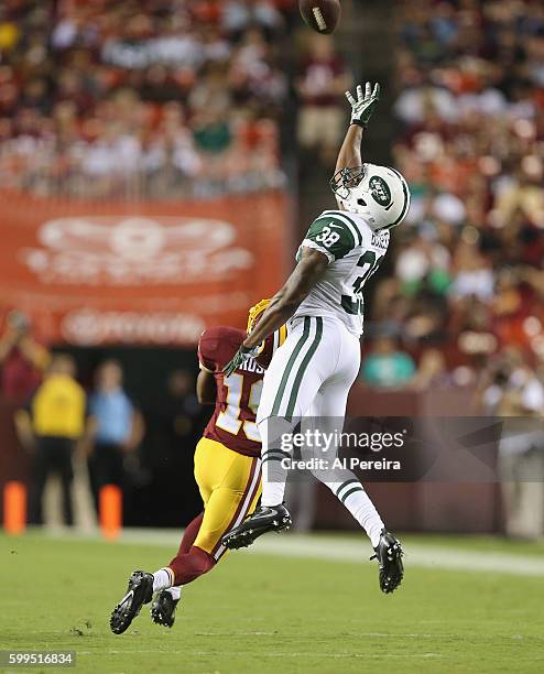 Cornerback Juston Burris of the New York Jets deflects a pass against the Washington Redskins at FedExField on August 19, 2016 in Landover, Maryland.