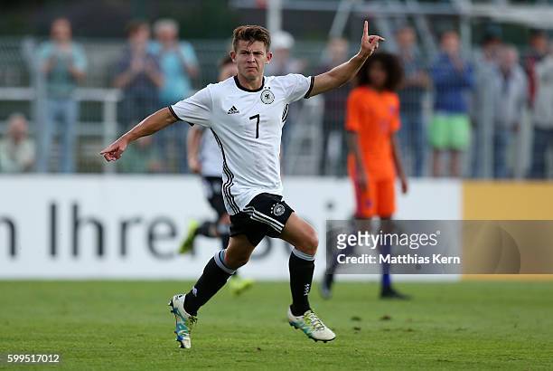 Mats Koehlert of Germany jubilates after scoring the second goal during the international friendly match between U19 Germany and U19 Netherlands on...