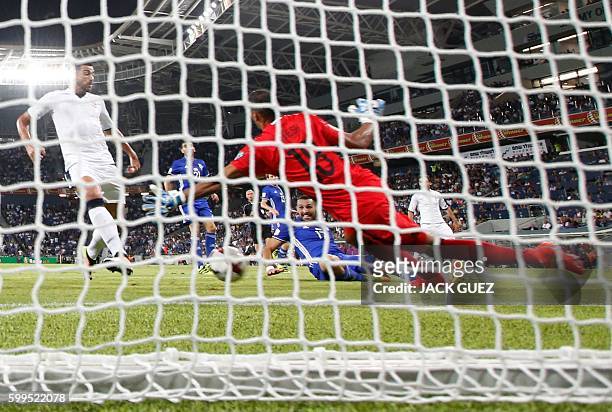 Italy's Graziano Pelle scores a goal during their World Cup 2018 qualification match between Israel and Italy at the Sammy Ofer Stadium in Haifa on...