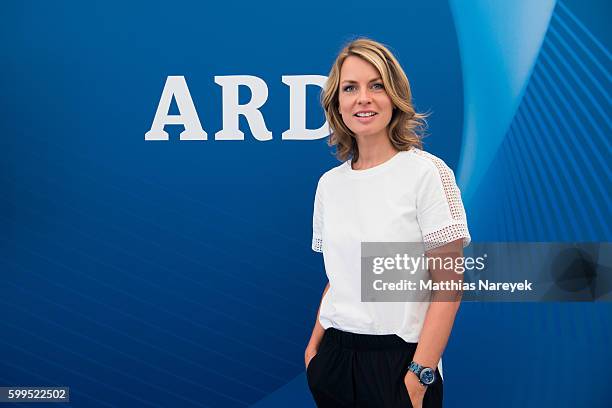 Jessy Wellmer visits the ARD stand at 2016 IFA tech fair on September 2, 2016 in Berlin, Germany.