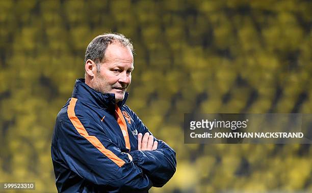 Netherlands' national football team head coach Danny Blind attends a training session on the eve of the WC 2018 football qualification match between...