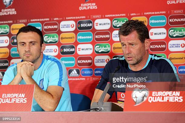 Michael Skibbe head coach of Greece and Vasilis Torosidis of Greece during the press conference for tomorrow's game the European Qualifiers Group H...