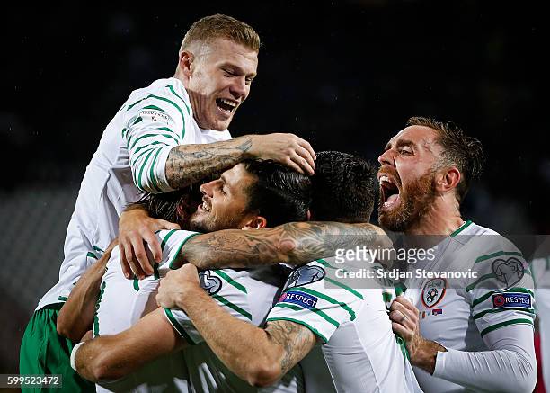Jeff Hendrick of Ireland celebrate scoring a goal with the team mates during the FIFA 2018 World Cup Qualifier between Serbia and Ireland at stadium...