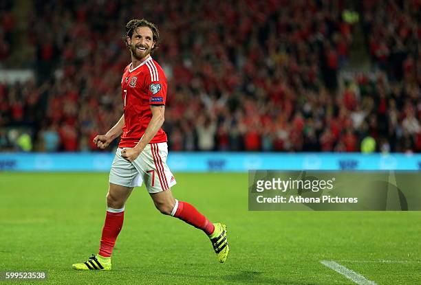 Joe Allen of Wales celebrates his goal during the 2018 FIFA World Cup Qualifier between Wales and Moldova at the Cardiff City Stadium on September 5,...