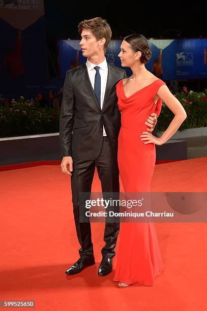 Lorenzo Tano and Laura Medcalf attend the premiere of 'Rocco' during the 73rd Venice Film Festival at Sala Perla on September 5, 2016 in Venice,...