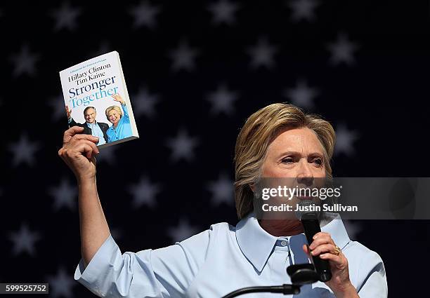 Democratic presidential nominee former Secretary of State Hillary Clinton speaks during a campaign rally at Luke Easter Park on September 5, 2016 in...