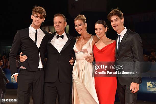 Leonardo Tano, Rocco Siffredi, Rosa Caracciolo, Laura Medcalf, Lorenzo Tano attend the premiere of 'Rocco' during the 73rd Venice Film Festival at...