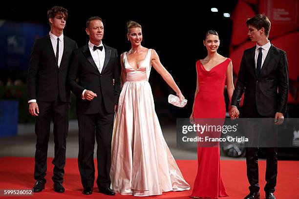 Leonardo Tano, Rocco Siffredi, Rosa Caracciolo, Laura Medcalf, Lorenzo Tano attend the premiere of 'Rocco' during the 73rd Venice Film Festival at...