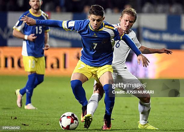 Kosovo's Milot Rashica and Finland's Aleksander Ring vie for the ball during the World Cup 2018 qualifying football match Finland vs Kosovo on...