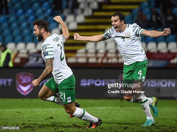 Belgrade , Serbia - 5 September 2016; Daryl Murphy, left, and John O'Shea right, of Republic of Ireland celebrates the side's second goal during the...