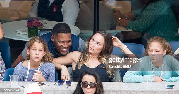 Michael Strahan with 2 daughters and girlfriend Kayla Quick at USTA Billie Jean King National Tennis Center on September 5, 2016 in the Queens...