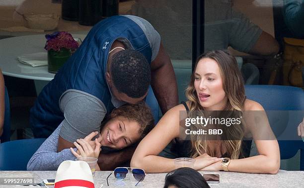 Michael Strahan with 2 daughters and girlfriend Kayla Quick at USTA Billie Jean King National Tennis Center on September 5, 2016 in the Queens...