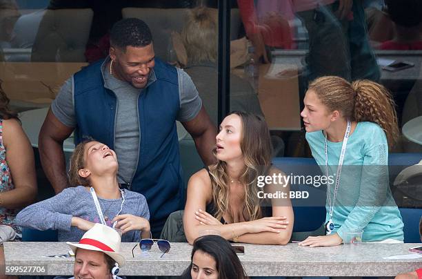 Michael Strahan with 2 daughters and girlfriend Kayla Quick at USTA Billie Jean King National Tennis Center on September 5, 2016 in the Queens...