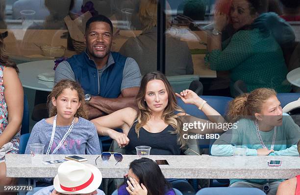 Michael Strahan with 2 daughters and girlfriend Kayla Quick at USTA Billie Jean King National Tennis Center on September 5, 2016 in the Queens...