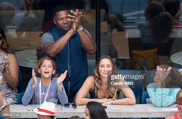 Michael Strahan with 2 daughters and girlfriend Kayla Quick at USTA Billie Jean King National Tennis Center on September 5, 2016 in the Queens...